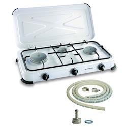 Réchaud gaz portable 3 feux 3450W - Blanc laqué avec couvercle, plaque de cuisson et tuyau gaz KEMPER_0