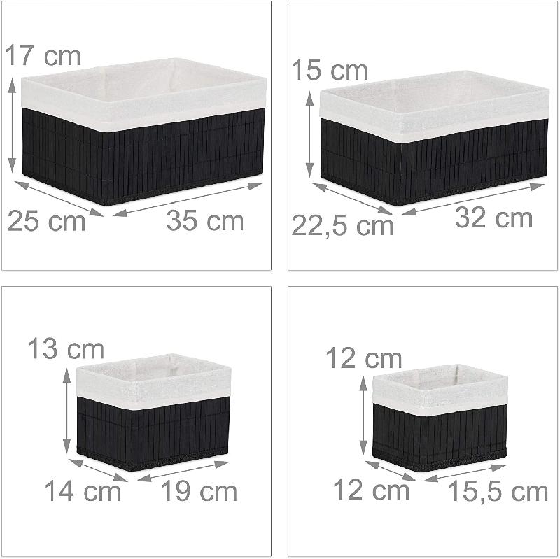 Set de 6 paniers de rangement en bambou et tissu noir - décoration pour salle de bain et maison - 4 tailles différentes_0