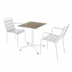 Oviala Business Ensemble table terrasse stratifié marbre beige et 2 fauteuils blanc - blanc métal 110724_0