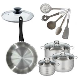 Lot Poêle 28cm & 3 Faitouts 16/20/24cm Fackelmann Généva avec 6 ustensiles - gris inox 3176239921977_0