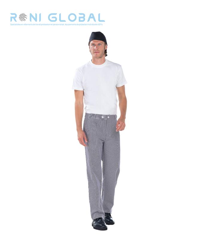 Pantalon de cuisine pied de poule marine et blanc homme en coton 3 poches - ERIC REMI CONFECTION_0