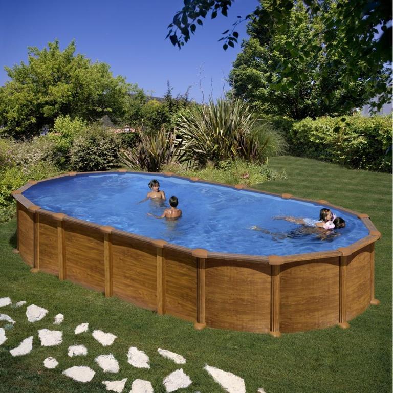 Piscine ovale acier 7,44m x 3,99m x h: 1,32m - imitation bois - filtration à sable - sans renforts apparents_0