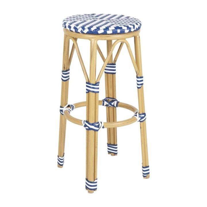 ​​​​​​​​​​​​​​Lot de 2 tabourets de bar empilables, motifs chevrons, structure en aluminium finition bois, assise rotin bleu et_0