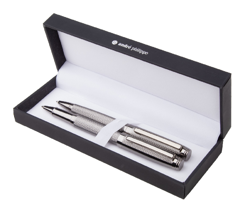 Parure stylos - Stylo bille et roller en métal argenté - Coffret cadeau André Philippe_0