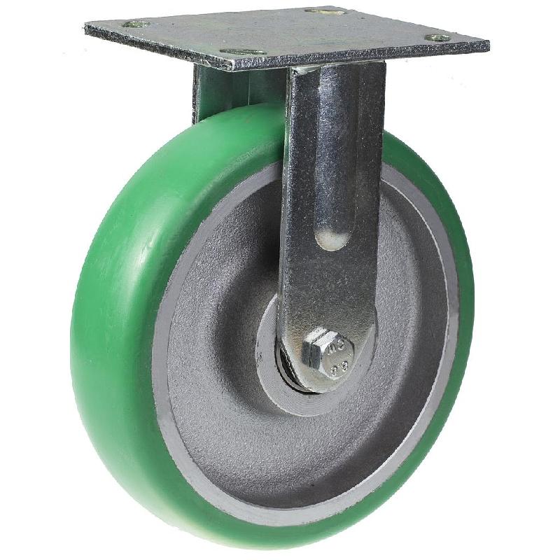 Roulette fixe de 200mm avec polyuréthane élastique convexe vert sur centre en fonte._0