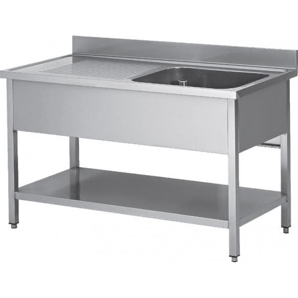 Plonge soudée sur pieds carrés - inox AISI 304 - 1 bac à droite - étagère incluse - P 600 mm - L 1400 mm - Réf SPL146-1BD-ETP-1_0