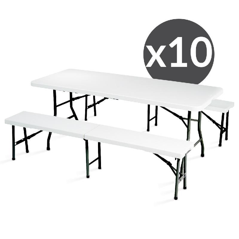 Tables et bancs pliants 180 cm - Lot de 10 ensembles brasserie en PEHD avec structure acier - Usage intérieur/extérieur_0