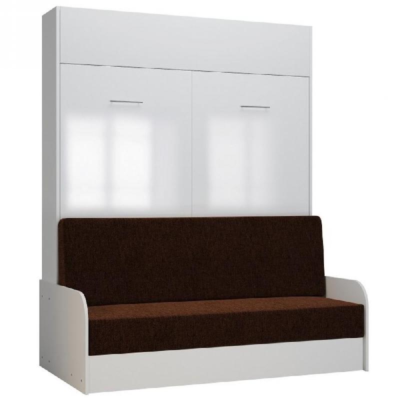 ARMOIRE LIT ESCAMOTABLE DYNAMO SOFA ACCOUDOIRS FAÇADE BLANC BRILLANT CANAPÉ MARRON 160*200 CM_0