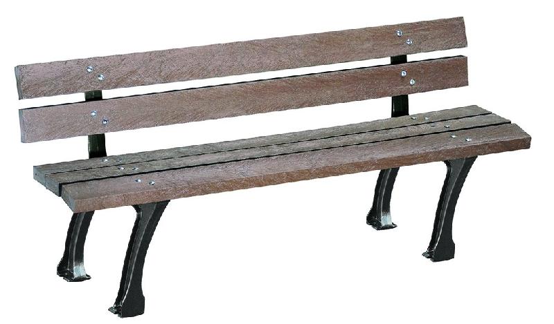 Banc public en plastique recyclé Glasgow - lames teintées, pieds en fonte antirouille_0
