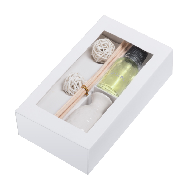 Set diffuseur parfum jasmin - mini vase céramique, 5 bâtons d'encens, 2 pelotes bois - boîte cadeau blanche_0