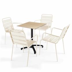 Oviala Business Ensemble table de terrasse stratifié chene naturel et 4 fauteuils ivoire - Oviala - beige métal 110167_0