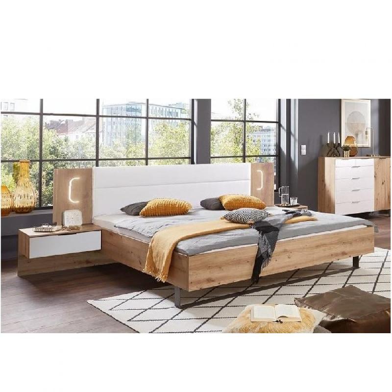 Lit design VICK 180 x 200 cm - Chêne artisan avec tête en cuir synthétique blanc et chevets intégrés_0