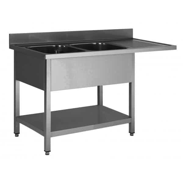 Plonge soudée sur pieds carré pour lave-vaisselle, avec étagère, inox AISI 304, 1 bac, longueur 1200 mm (Position bac: Gauche - Réf SPLV127-1BG-ETP-1)_0