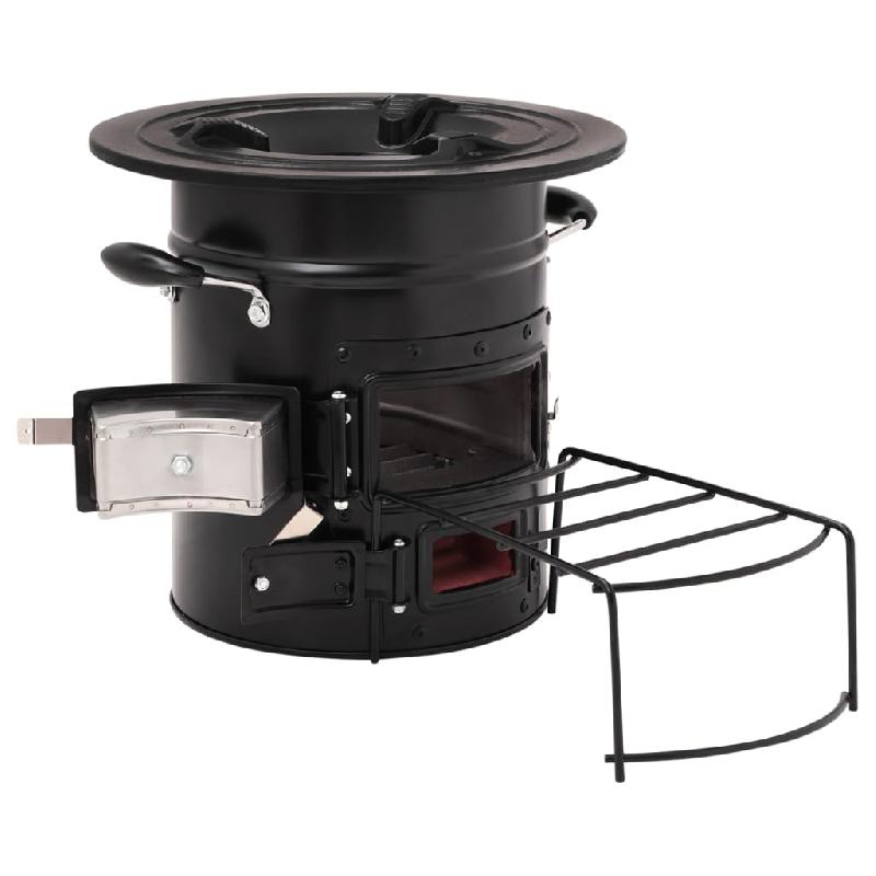 Poêle à bois de camping 50 x 33,5 x 30,5 cm - Acier noir avec foyer en fonte et étagère extensible - Réf. 02_0005890_0