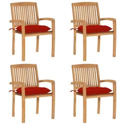 VidaXL Chaises De Jardin Empilables Avec Coussins Lot De 4 Teck Solide - rouge 3073261_0