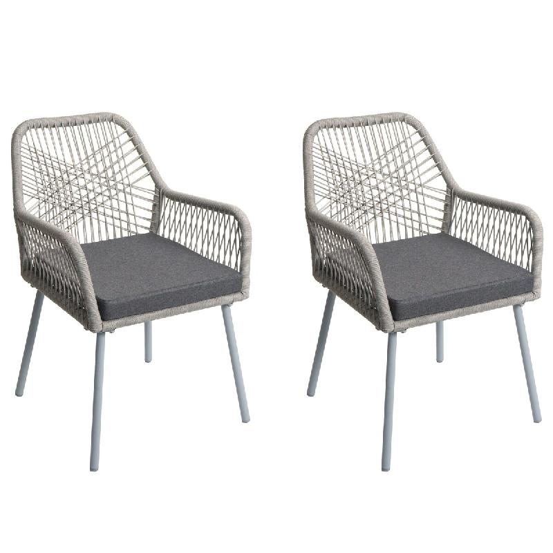 Décoshop26 - Lot de 2 chaises de jardin motif graphique aéré en aluminium gris corde tressée et coussins gris foncé inclus 04_0009691 - gris alum_0