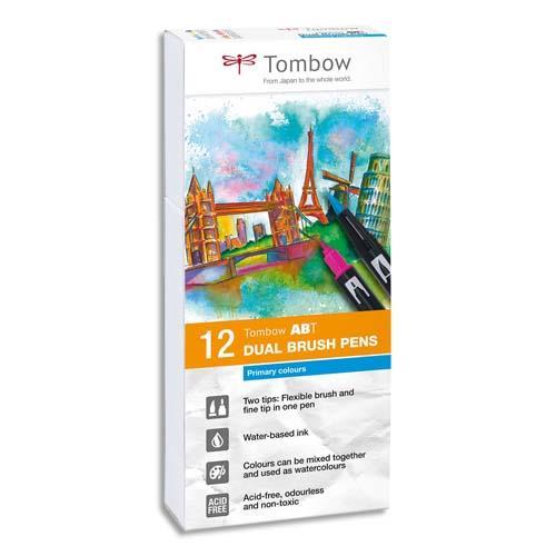 FEUTRES TOMBOW ABT DOUBLE POINTE - PINCEAU + FINE - COULEURS PRIMAIRES ASSORTIS - BOÎTE DE 12