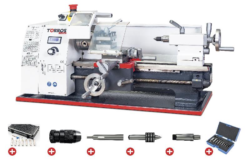 Tour à métaux d'établi hauteur des pointes 100 mm entre-pointes 300 mm alésage 21 mm 0,6 kW 230V + accessoires essentiels Torros PACK TR1830V_0