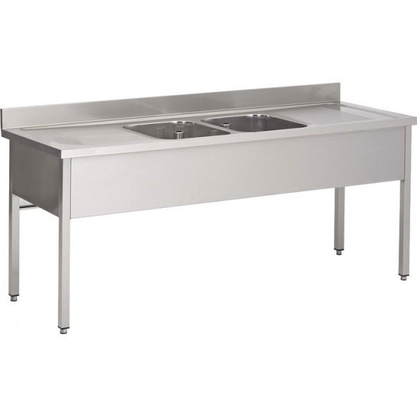 Plonge soudée sur pieds carrés sans étagère, inox AISI 304, 2 bacs au centre, longueur 2000 mm_0