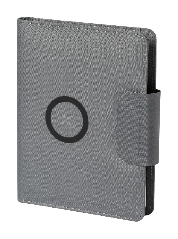 Porte-documents RPET - Format A5 avec bloc-notes, chargeur magnétique 10W, powerbank 5000 mAh et support téléphone_0