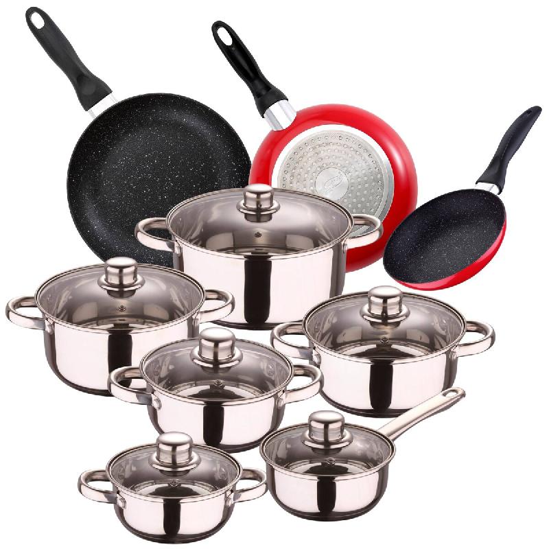 San Ignacio - Batterie de cuisine Cassel 14/16/18/20/24 cm en acier inoxydable avec jeu de 3 poêles 16/20/24 cm en aluminium embouti, induction - PK7_0