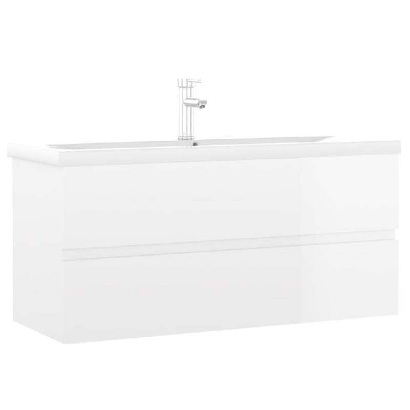 Armoire d'évier avec lavabo intégré blanc brillant en aggloméré - Dimensions 100x38,5x45 cm - Avec robinet et égouttoir à trop-plein_0