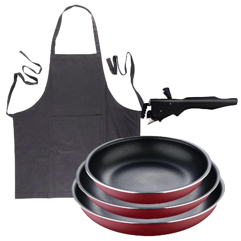 BERGNER - Ensemble de 3 poêles Ø18/20/24 cm en aluminium embouti rouge avec poignée amovible et tablier de cuisine gris foncé 100 % coton 75 × 80_0