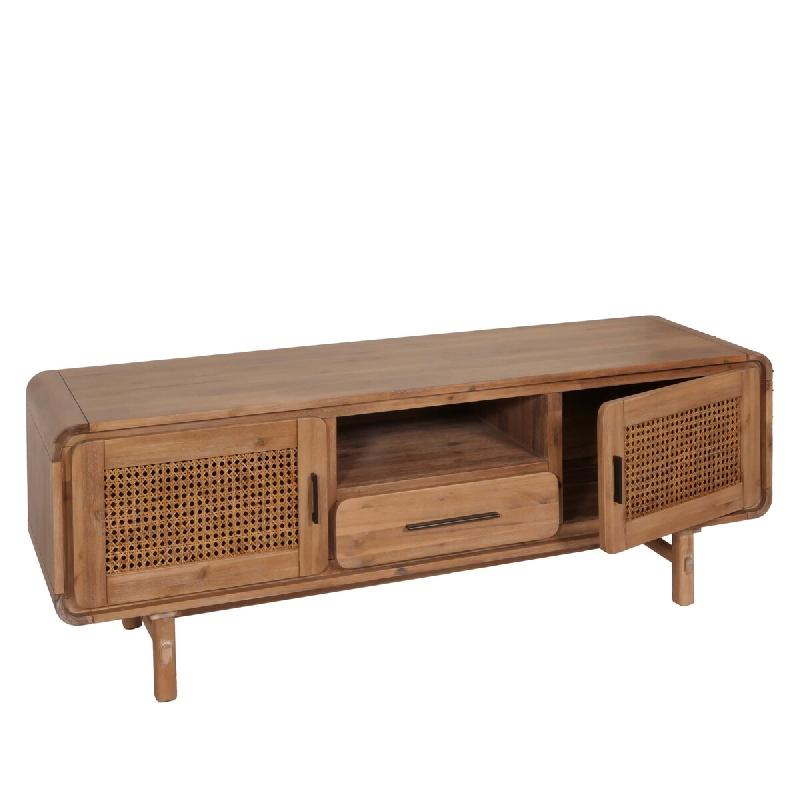Décoshop26 - Meuble TV avec tiroir et trois compartiments de rangement en bois d'acacia MDF et rotin couleur teck 160 cm 04_0007867 - Bois massif 300_0