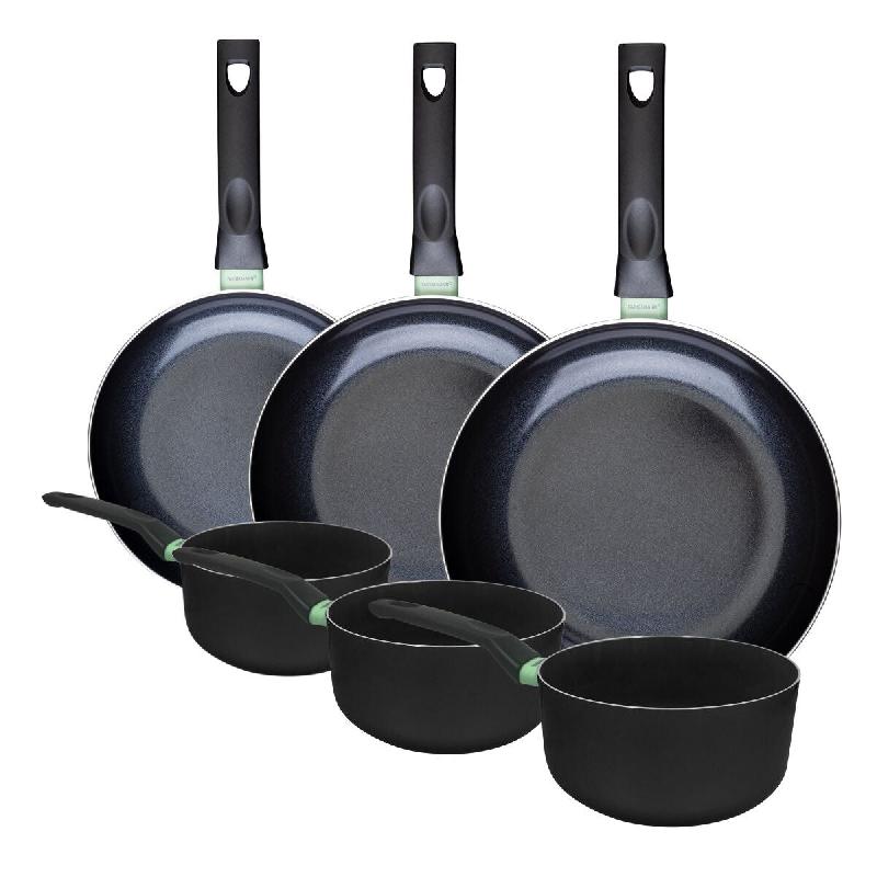 Ensemble de 3 poêles de 24, 28 et 30 cm et 3 casseroles 16, 18 et 20 cm Fackelmann Brandao - noir aluminium 3176239943108_0
