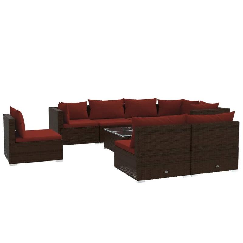 Helloshop26 - Salon de jardin meuble d'extérieur ensemble de mobilier 9 pièces avec coussins résine tressée marron 02_0018117 - marron verre 30001_0
