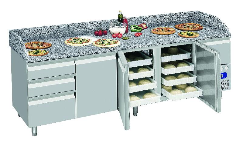 Meuble à pizza 3 portes 600x400 - Réserve 564L - 3 tiroirs neutres et 1 tiroir ustensiles_0