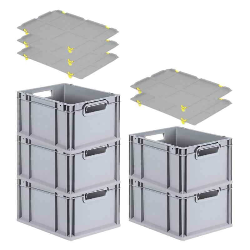 PROREGAL 5x Bac Euro NextGen Economy avec couvercle d'appui et 4 fermetures à glissière jaunes poignées ouvertes 22x30x40cm 20L - noir plastique RM_0