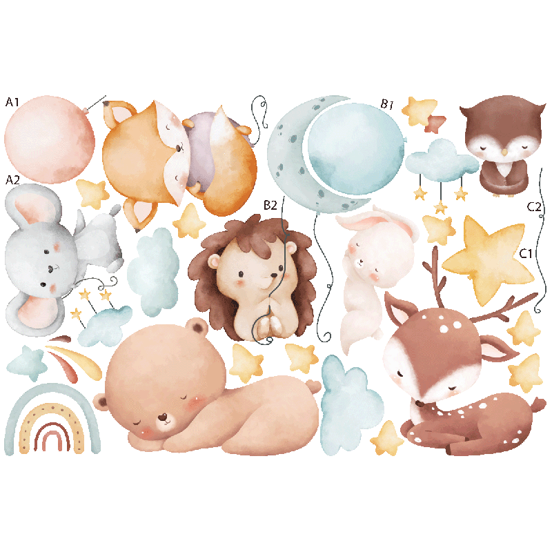 Stickers animaux aquarelles de la forêt endormis et s'envolant avec des ballons_0