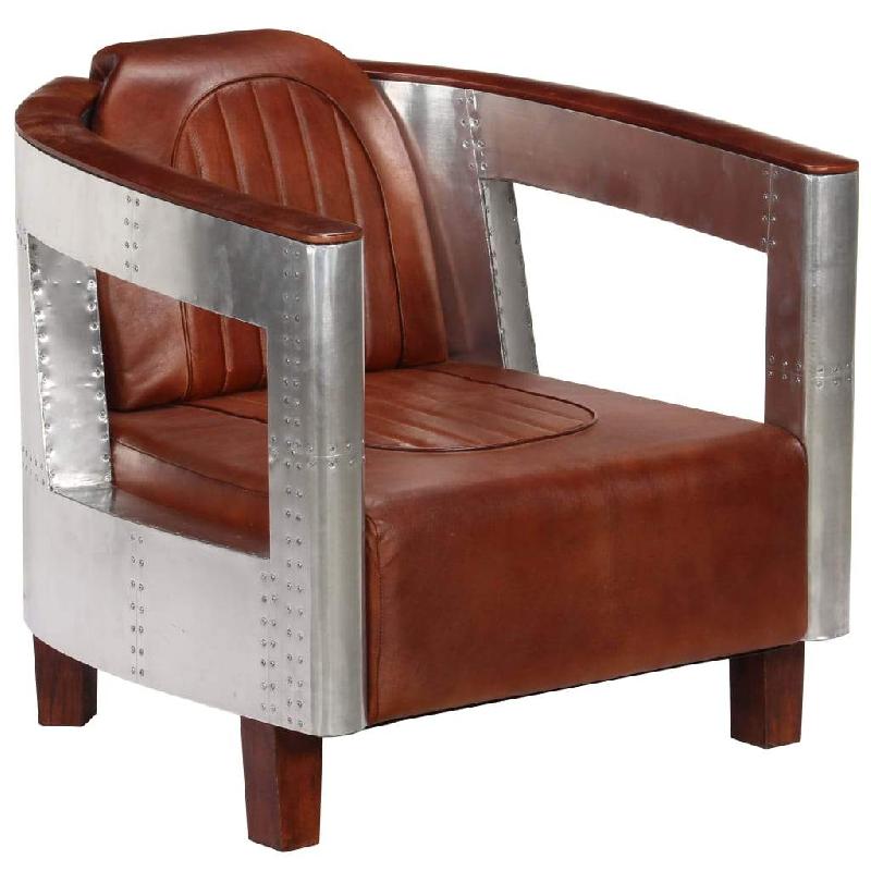 Fauteuil lounge design en cuir véritable style aviation marron avec accoudoirs en aluminium - Réf. 1102180/3_0