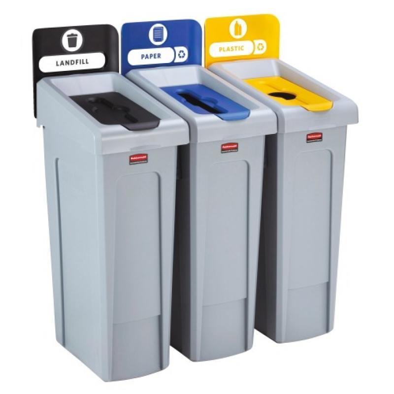Station recyclage 3flux  décharge non recyclables grispapier bleubouteilles plastique et canettes jaune_0