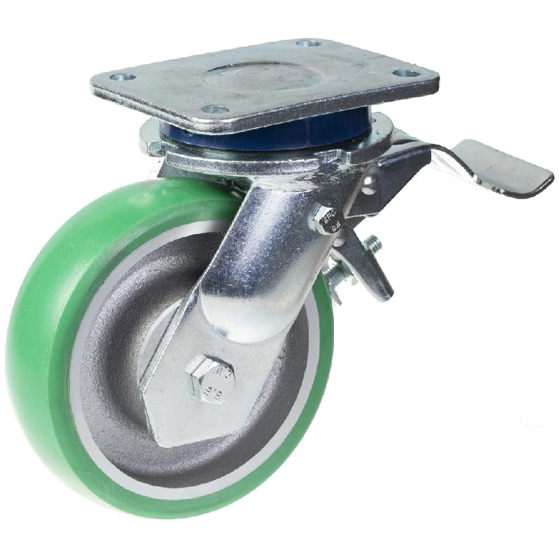 Roulette pivotante/frein de 160mm avec polyuréthane élastique convexe vert sur fonte ce_0