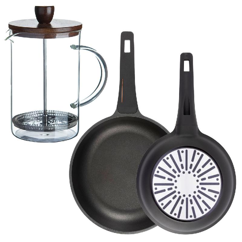BERGNER - Jeu de 2 Poêles Ø24/28 cm en Aluminium Coulé avec Manche en Bakélite et Cafetière à Piston en Verre Borosilicate 15,8×10×18,8 cm - PK9826_0