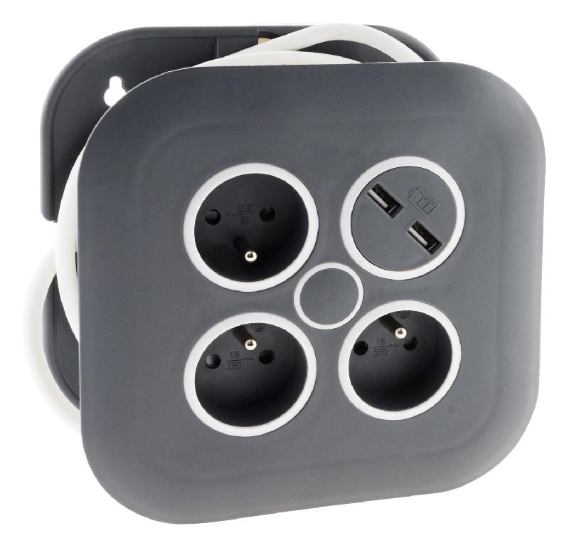Enrouleur domestique Zenitech - 3 prises 2P+T 16A, coupe-circuit, 2 ports USB - 7m - Gris/Blanc_0