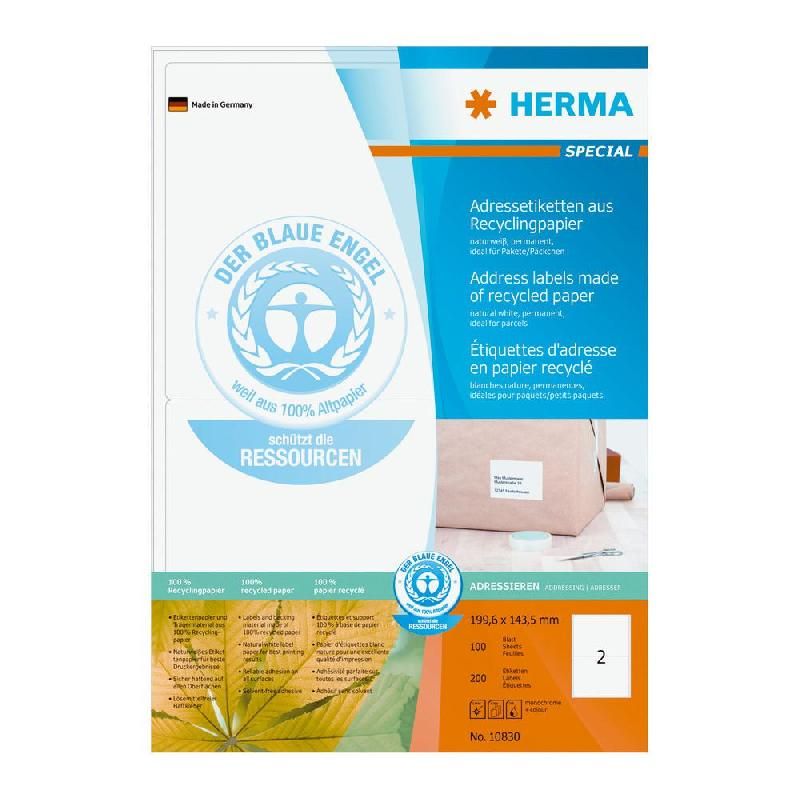 HERMA ETIQUETTES 100% RECYCLÉES HERMA - 199,6 X 143,5 MM - BOÎTE DE 202 ÉTIQUETTES