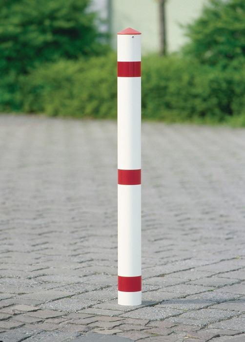 Potelet de blocage acier rouge-blanc D. 76 mm - Verrou triangulaire et douille de sol avec capuchon en pointe - Urbanus_0