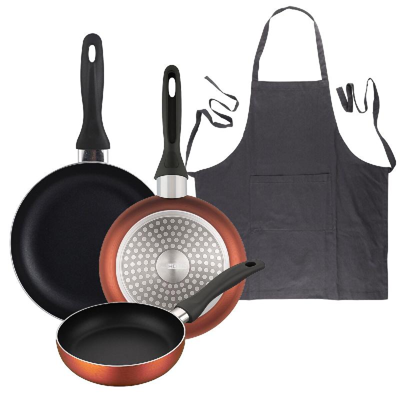 BERGNER - Set de 3 Poêles Ø16/20/24cm en Aluminium Pressé Cuivre métallisé avec Tablier de Cuisine Gris Foncé 100% Coton 75x80cm - PK9897_0