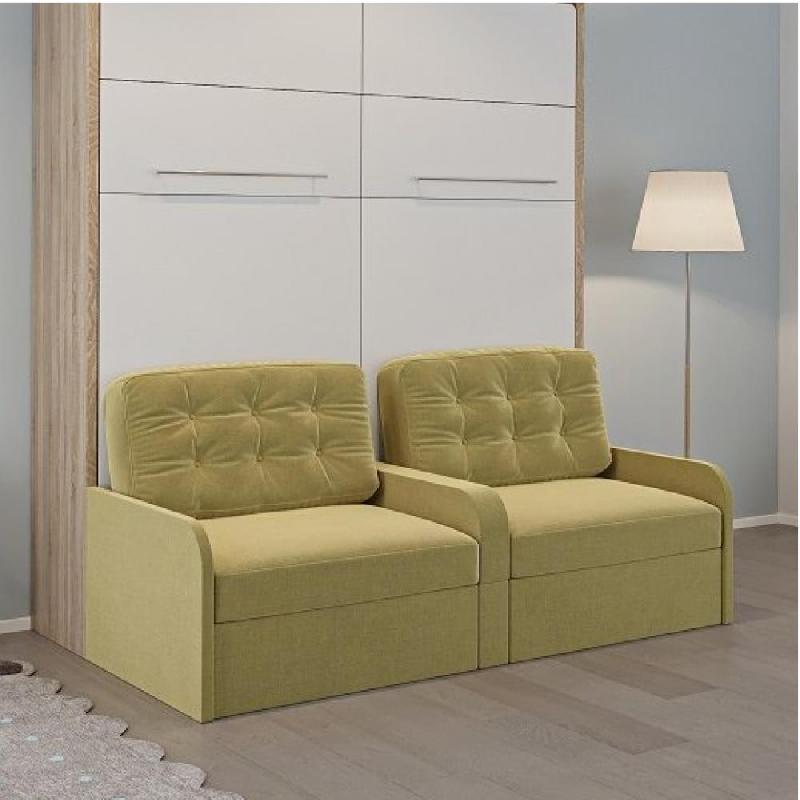 DUO SOFA ARMOIRE LIT ESCAMOTABLE CANAPÉ MOUTARDE COUCHAGE 2 X 90/200 STRUCTURE CHÊNE FAÇADE BLANC_0