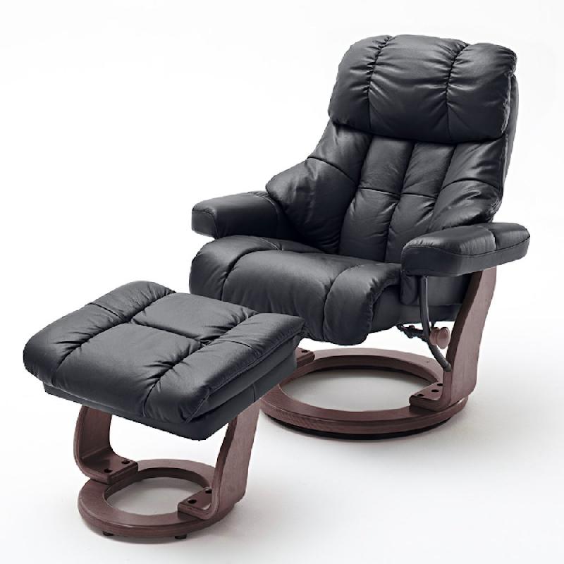 Fauteuil relax CLAIRAC XL - assise en cuir noir, pied en bois couleur noyer, avec repose-pied - inclinable à 135° et pivotant 360°_0
