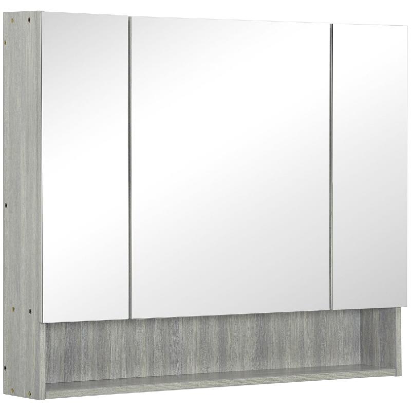 Helloshop26 - Armoire murale de salle de bain 3 portes miroir 90 x 15 x 75 cm rangement optimisé miroirs intégrés épuré en MDF gris 21_0001913 -_0
