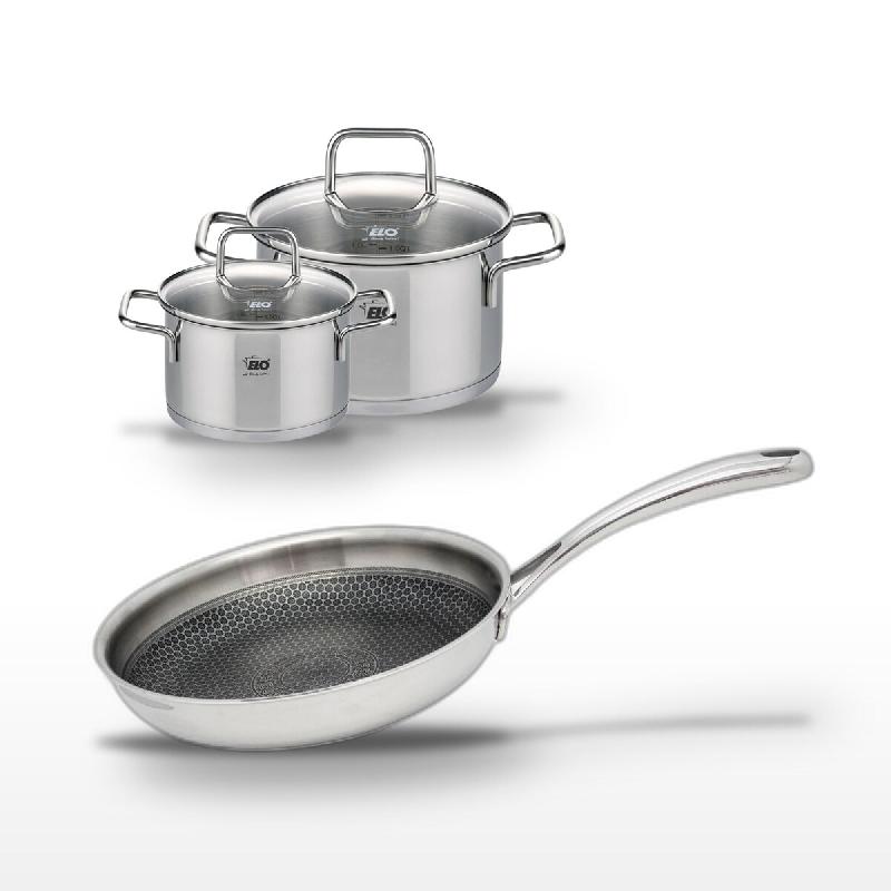 Lot Poêle 28cm Elo Relief Evolution & 2 Faitouts 16/12cm Elo - gris inox 3176239956764_0