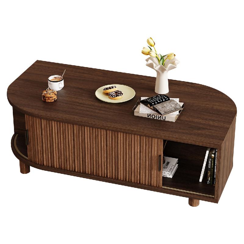 Merax Table basse  100 x 50 cm avec 2 portes coulissantes, espace de rangement, aspect rainure verticale et pieds en bois, aspect noyer - marron multi_0
