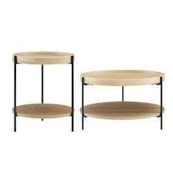 SalesFever Ensemble de 2 tables basses | rond | 2 étagères chacune | MDF avec placage en frêne | L 69/44 x P 69/44 x H 39/49 cm | Naturel – Noir_0