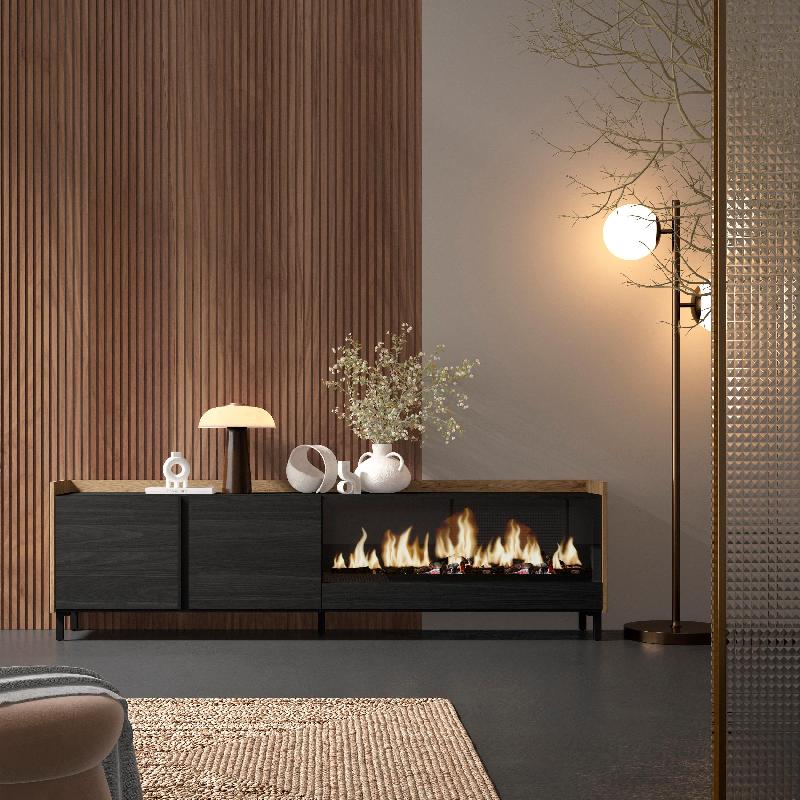 SKRAUT HOME - MEUBLE TV EFFET BOIS NOIR ET CHÊNE 212X35X61CM CHEMINÉE EFFET FEU XXL