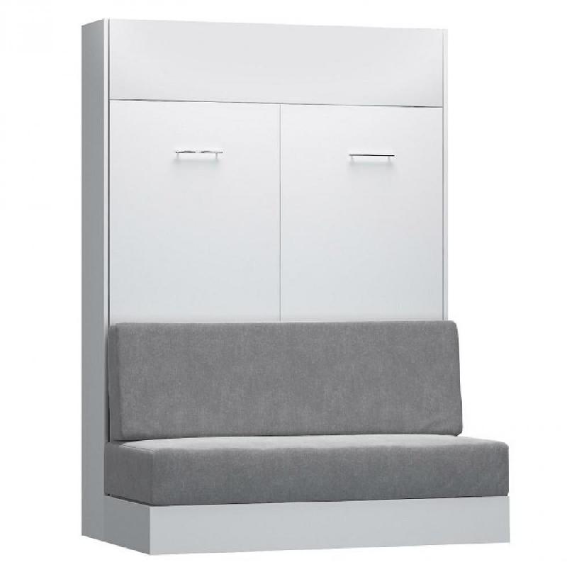 ARMOIRE LIT ESCAMOTABLE DYNAMO SOFA CANAPÉ INTÉGRÉ BLANC MAT ET MICROFIBRE GRIS COUCHAGE 140 X 200 CM_0