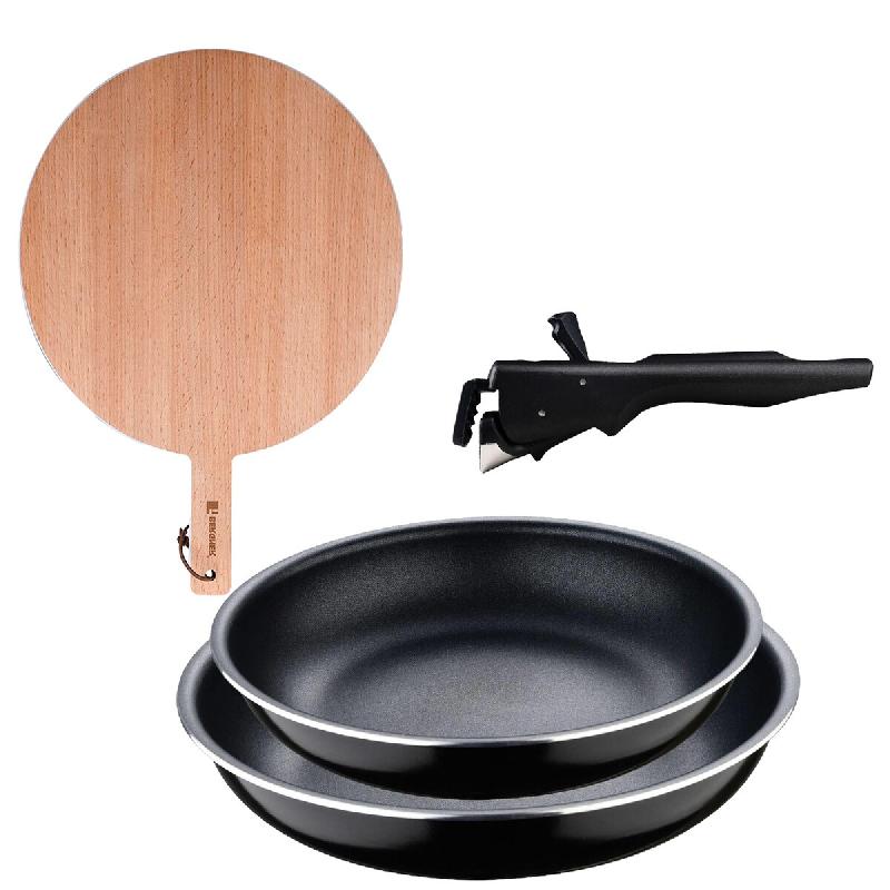 BERGNER - Ensemble de 2 poêles Ø22/26 cm en aluminium embouti avec poignée amovible et planche à découper ronde en bois de hêtre - PK9582_0